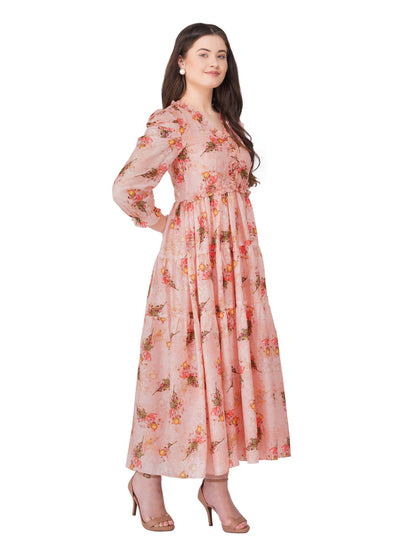 Vaclav women's floral frock with puff sleeve chinon and cotton pant