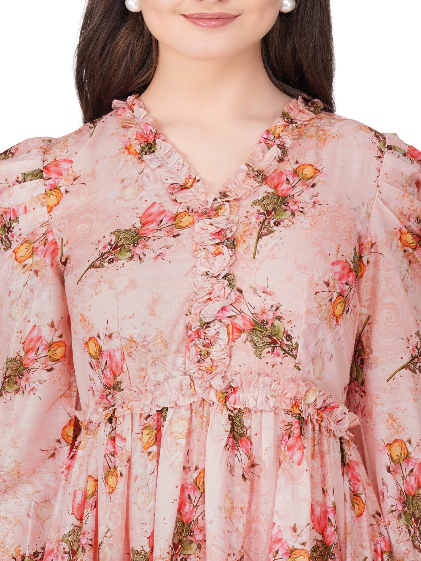 Vaclav women's floral frock with puff sleeve chinon and cotton pant