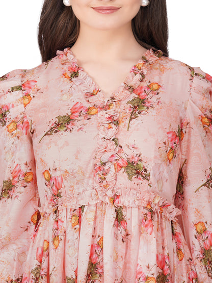 Vaclav women's floral frock with puff sleeve chinon and cotton pant