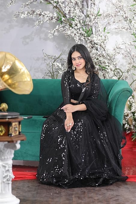 Midnight Elegance Black Georgette Lehenga Blouse with U-Neck - Indian Ethnic Wear