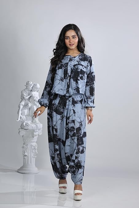 Sky Zen Blue & Black Buddha Pant Top with U-Neck in Malma - Stylish, Comfortable, Versatile Shirt