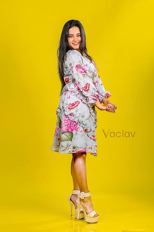 Vaclav Blushing Slate Grey &amp; Pink Satin Short Dress