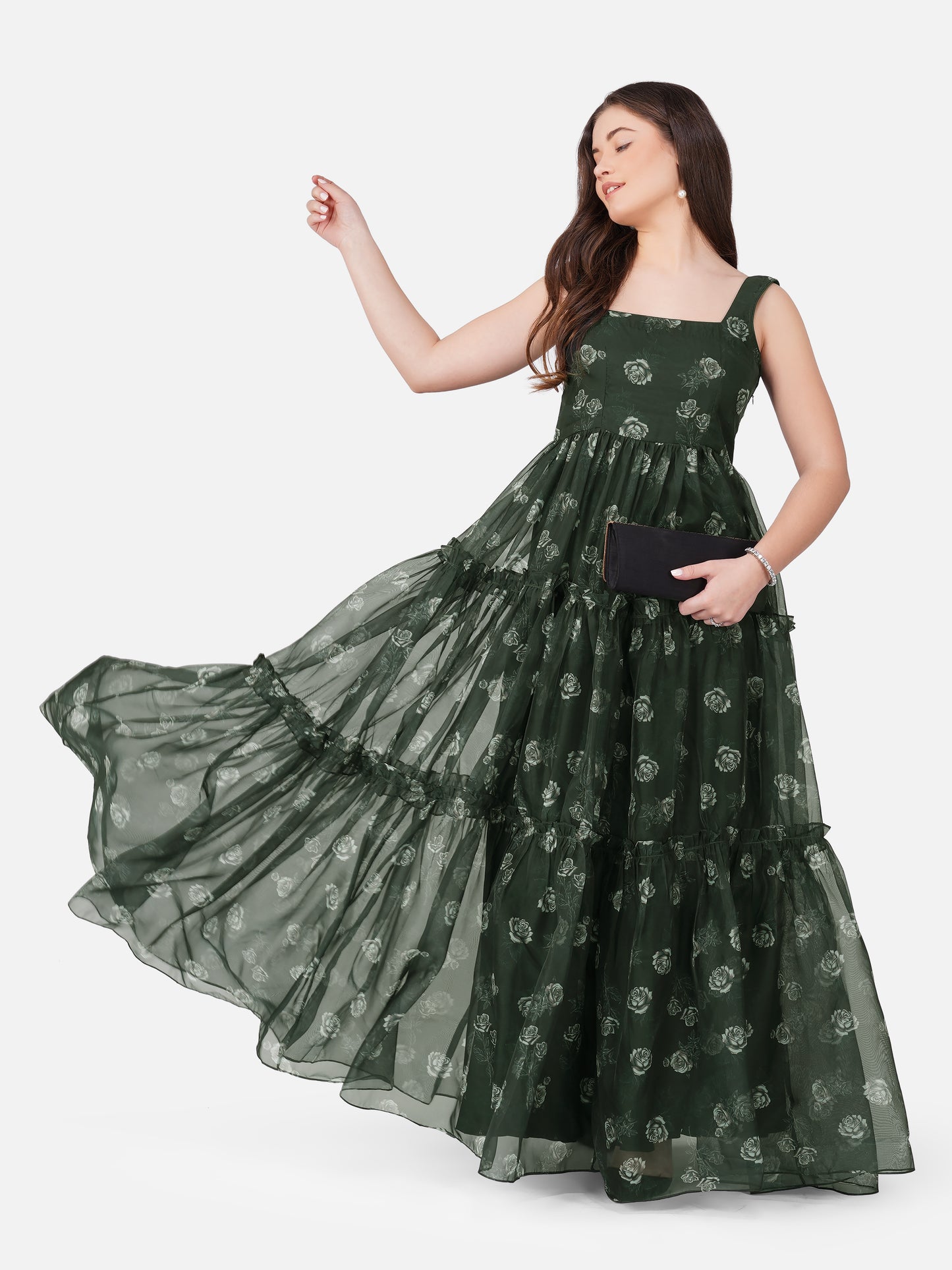 Bottle Green 3-Layer Organza Gown