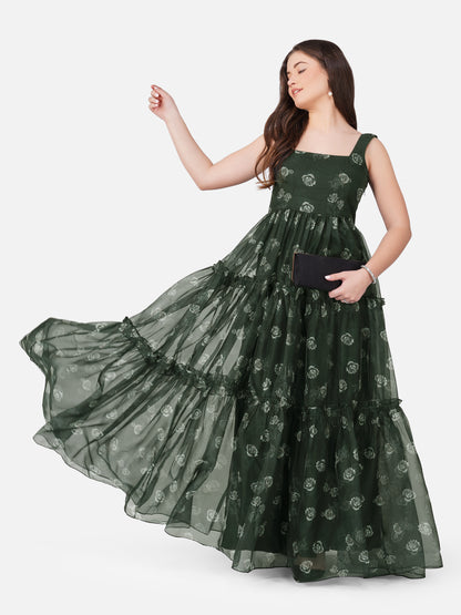 Bottle Green 3-Layer Organza Gown