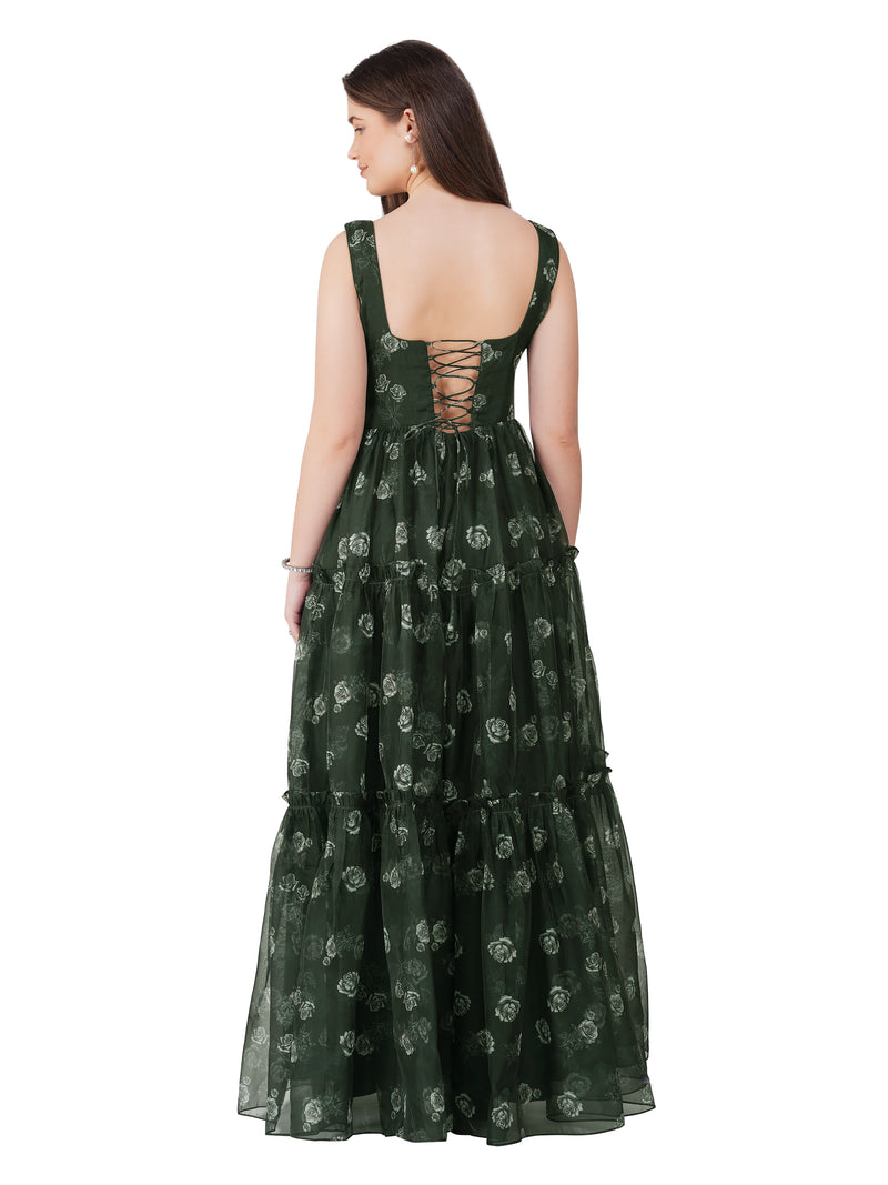 Bottle Green 3-Layer Organza Gown