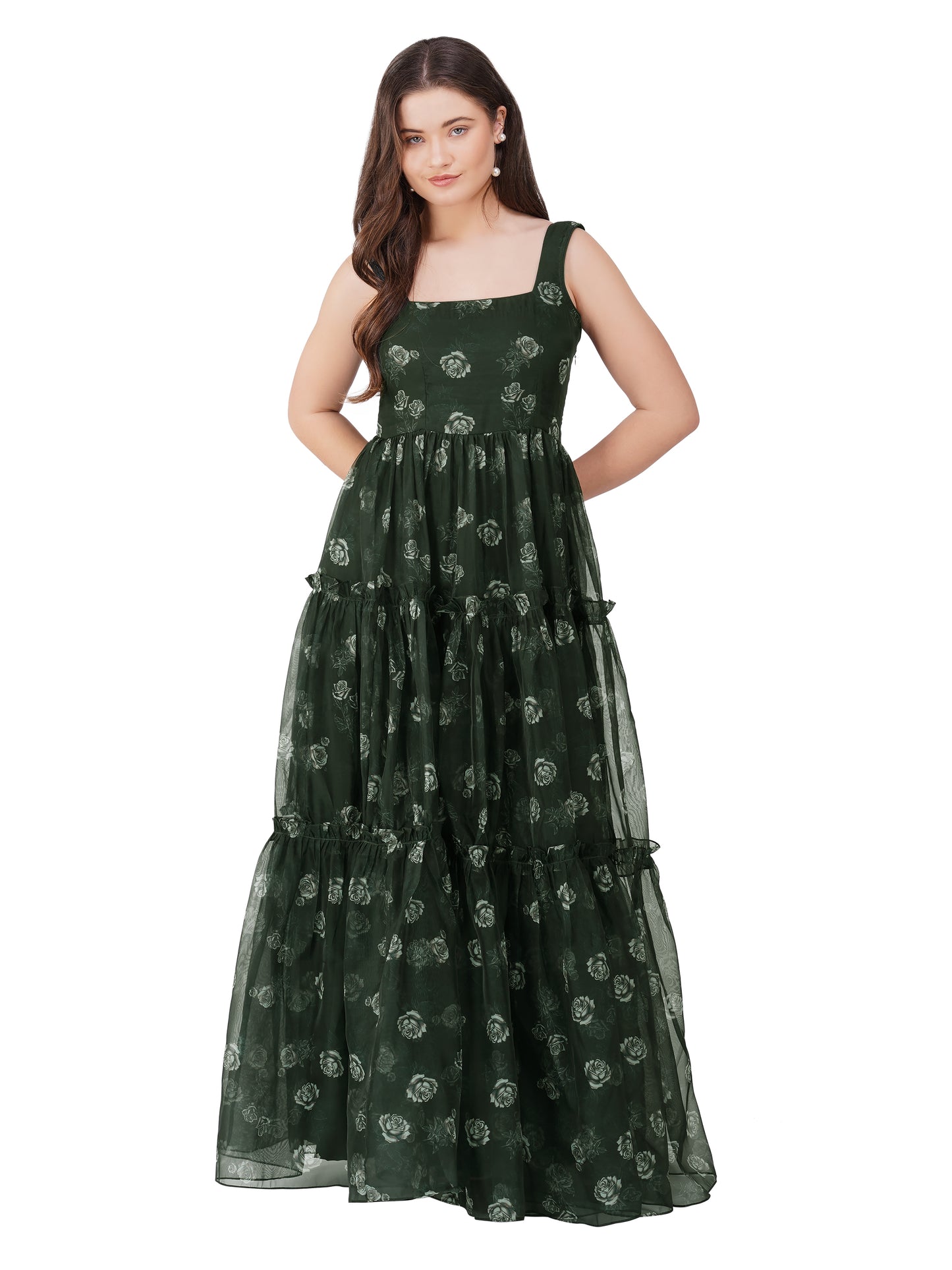 Bottle Green 3-Layer Organza Gown