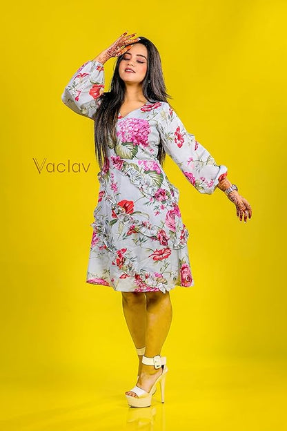 Vaclav Blushing Slate Grey &amp; Pink Satin Short Dress