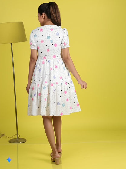 Women’s Summer Fit and Flare Flamingo White Dress - Double Georgette Blend, Elegant and Comfortable Short Dresses