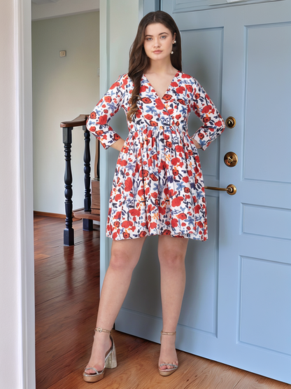 Vaclav Blooming Charm: White &amp; Red Floral Short Dress