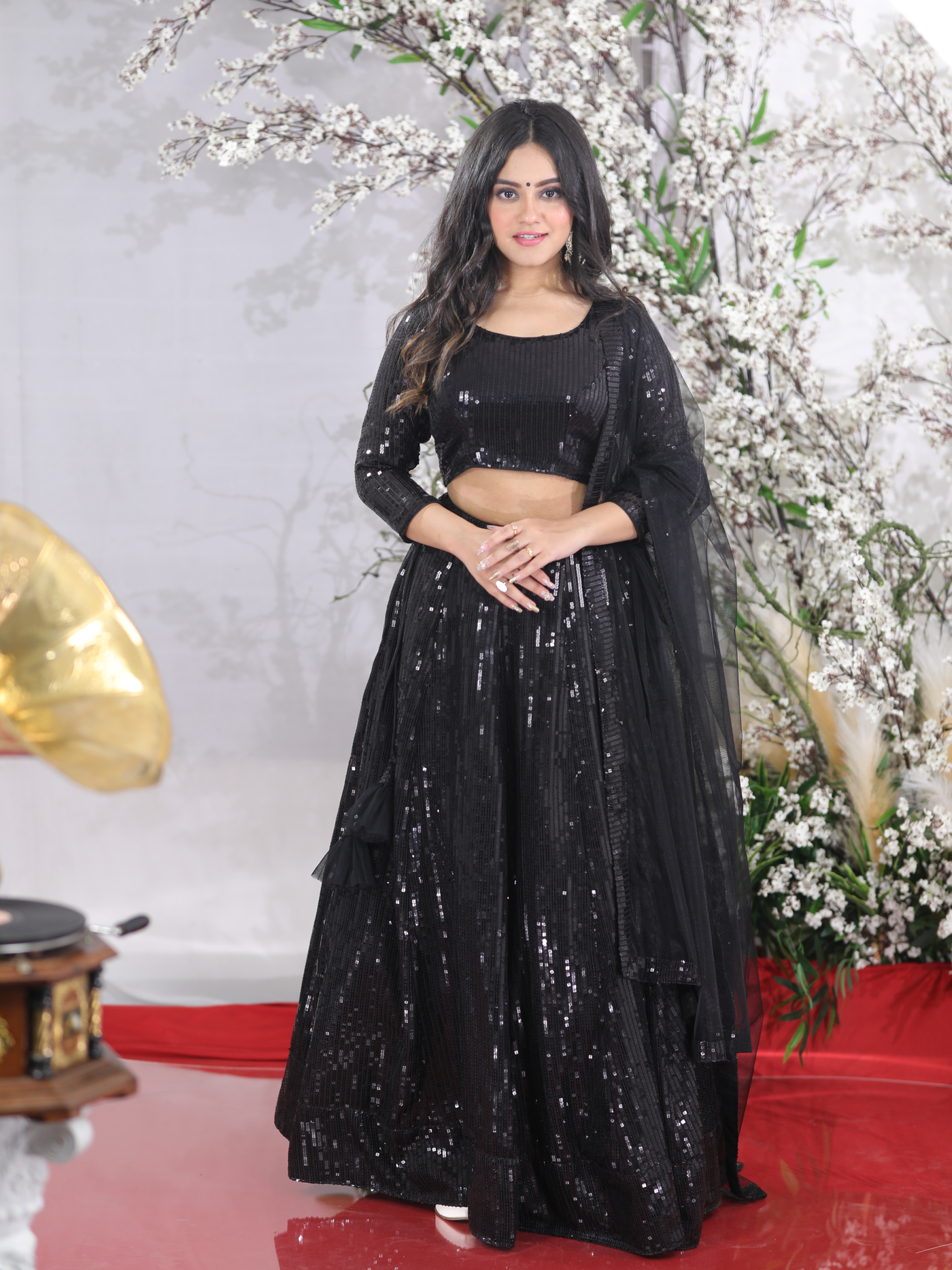 Midnight Elegance Black Georgette Lehenga Blouse with U-Neck - Indian Ethnic Wear