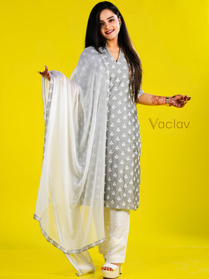 Pant Kurti with Dupatta in White & Gray in Chanderi Fabric