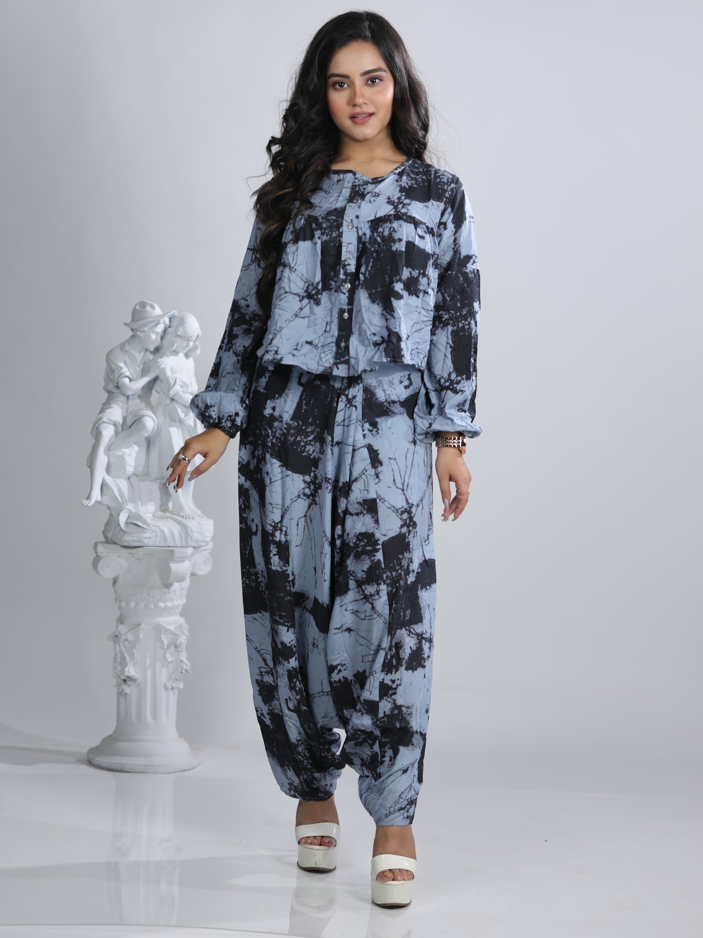 Sky Zen Blue & Black Buddha Pant Top with U-Neck in Malma - Stylish, Comfortable, Versatile Shirt