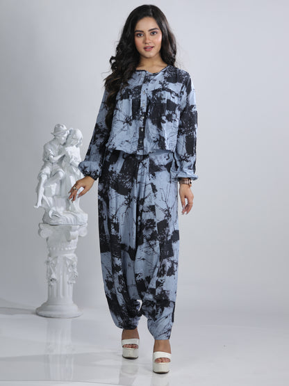 Sky Zen Blue & Black Buddha Pant Top with U-Neck in Malma - Stylish, Comfortable, Versatile Shirt