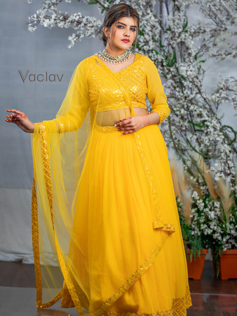 Sunny Splendor: Elegant Yellow Georgette Lehenga for Women - Perfect for Weddings & Special Occasions