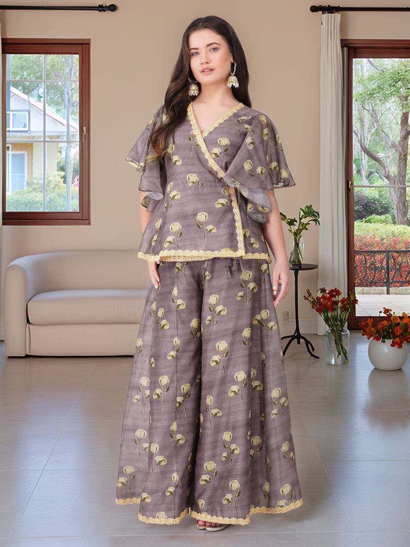 Vaclav Women’s Grey Angarkha Style Set with Plazo