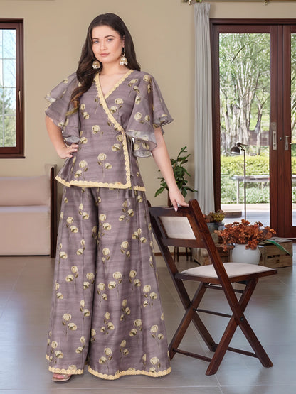Vaclav Women’s Grey Angarkha Style Set with Plazo