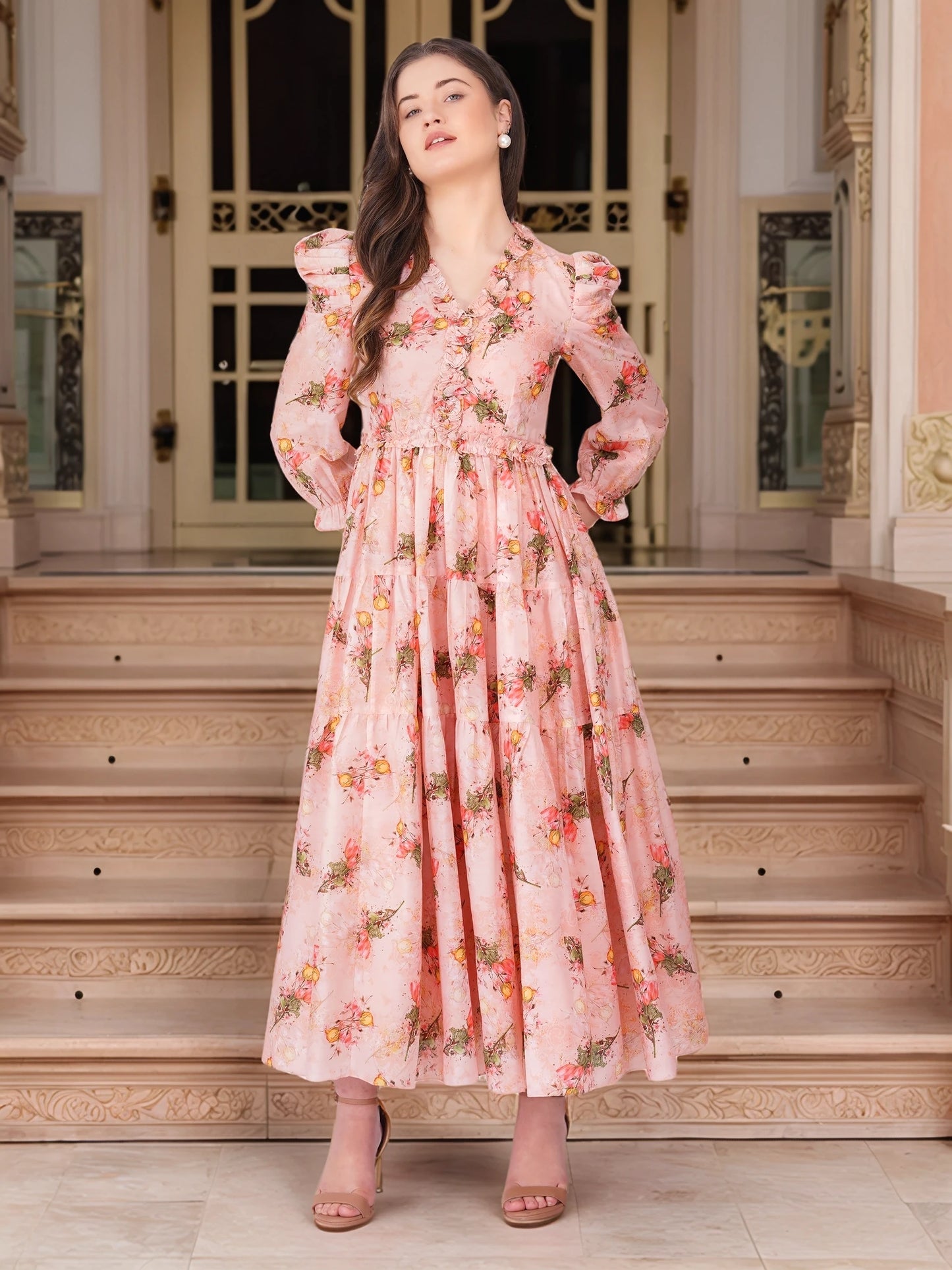 Vaclav women's floral frock with puff sleeve chinon and cotton pant