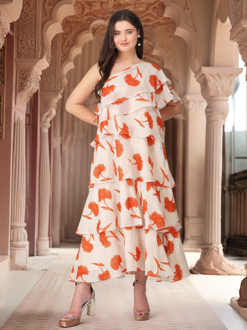 Vaclav Women’s White &amp; Orange One-Shoulder Gown