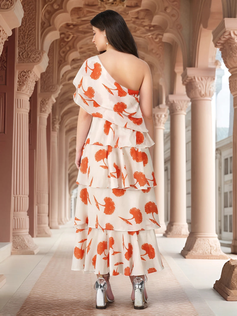 Vaclav Women’s White &amp; Orange One-Shoulder Gown