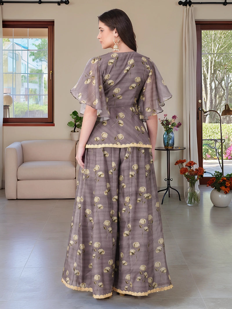 Vaclav Women’s Grey Angarkha Style Set with Plazo