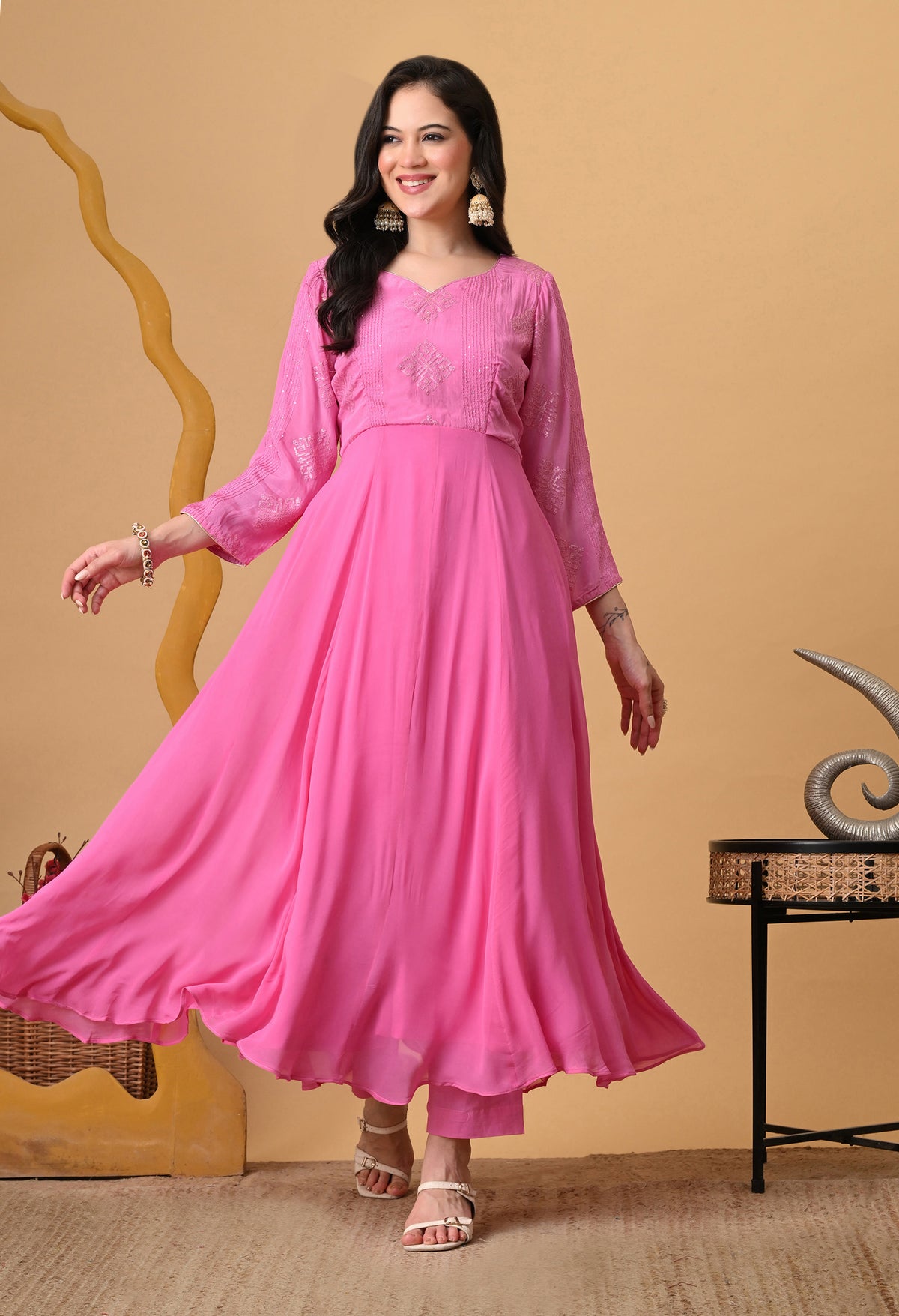 Vaclav Baby Pink Anarkali Kurta Set for Women | Burfi Silk & Georgette | Festive & Party Wear | Sizes XS, S, M, L, XL