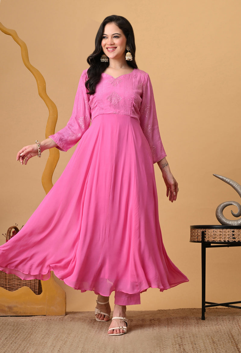 Vaclav Baby Pink Anarkali Kurta Set for Women | Burfi Silk & Georgette | Festive & Party Wear | Sizes XS, S, M, L, XL