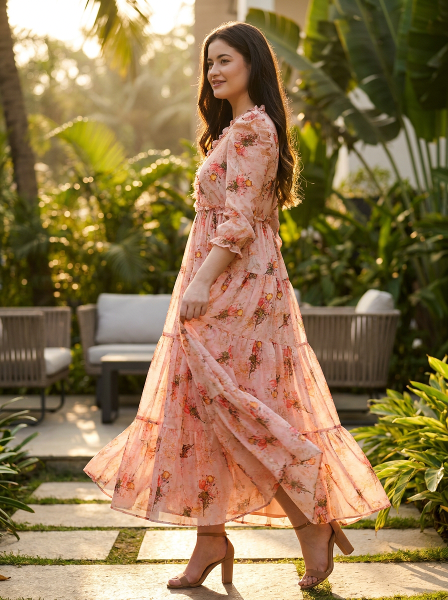 Vaclav Puff-Sleeve Frock Set – Floral Chinon