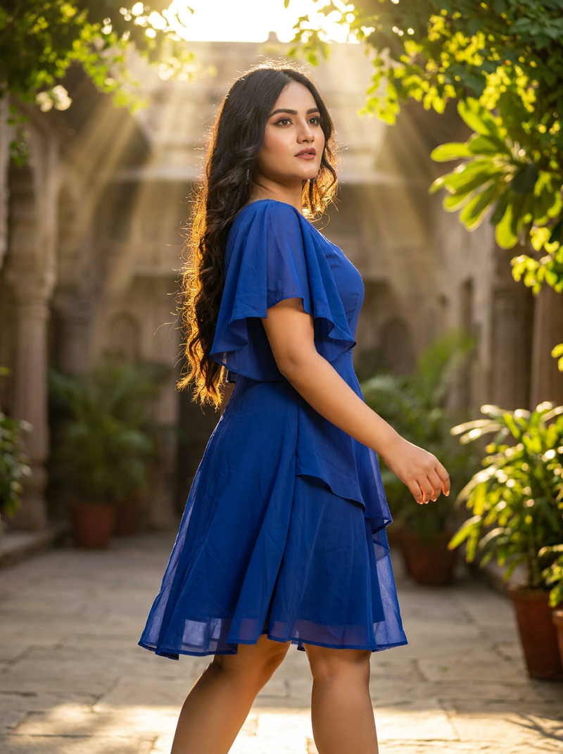 Blue Breeze Double Layer Umbrella Sleeve Dress