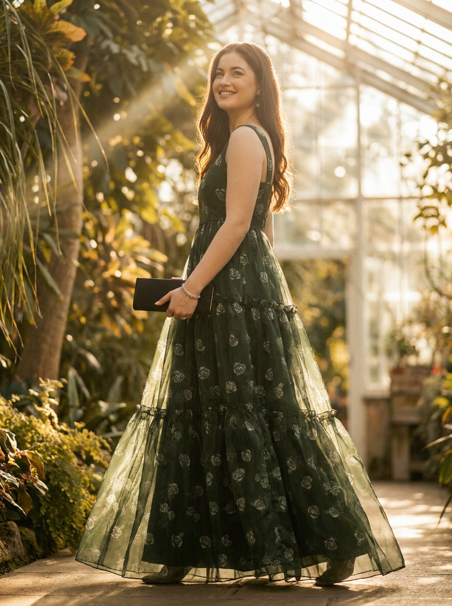 Vaclav Bottle Green Organza Gown – 3-Layer