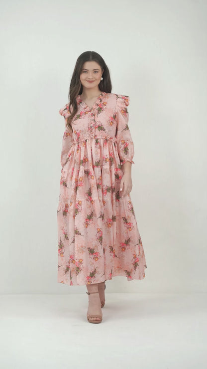 Vaclav women's floral frock with puff sleeve chinon and cotton pant