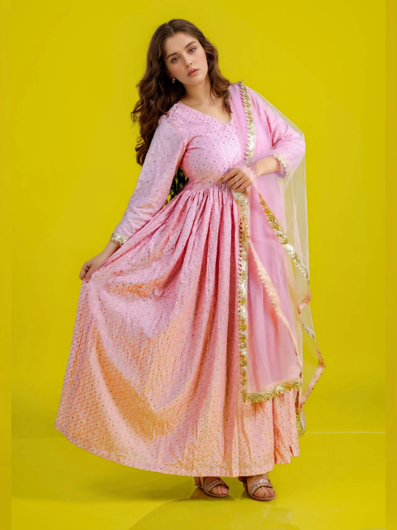 Onion Pink Anarkali Set with Pant & Dupatta in Chanderi Fabric