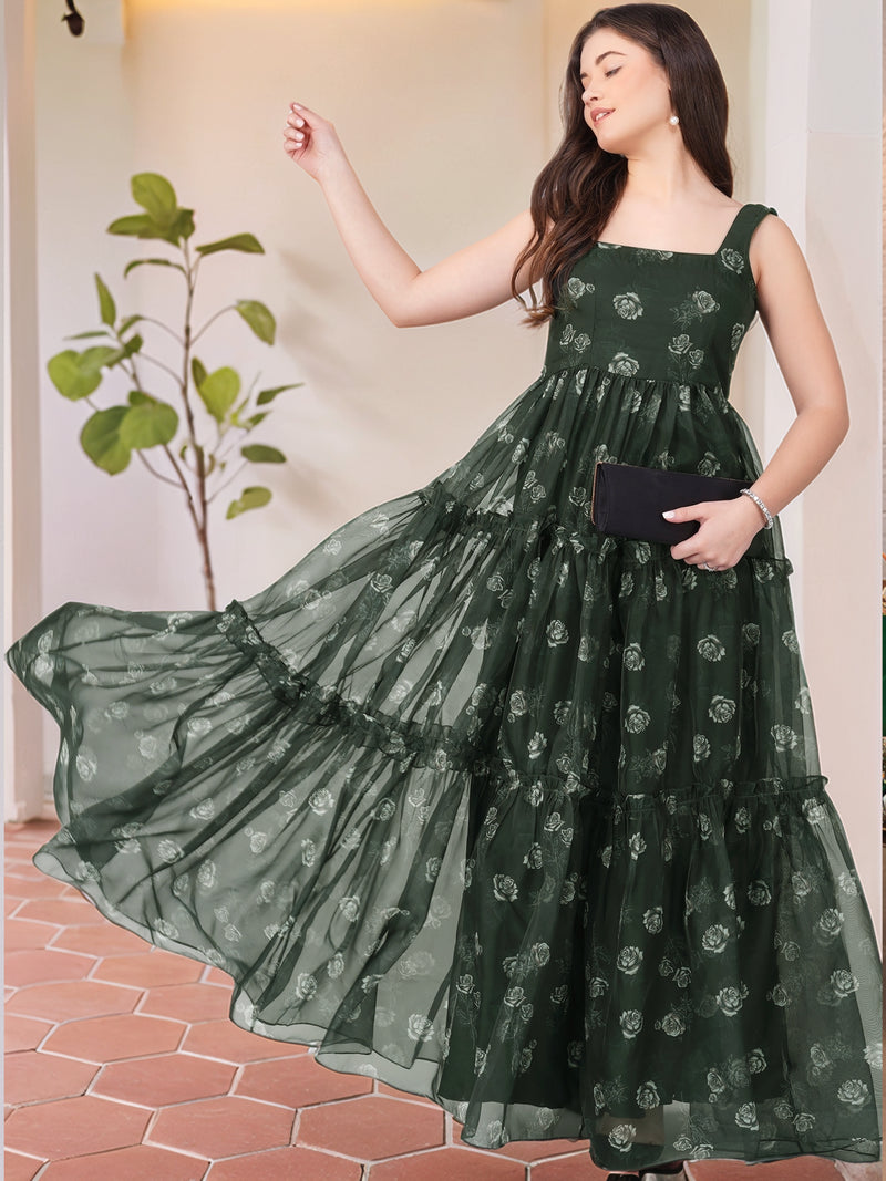 Bottle Green 3-Layer Organza Gown