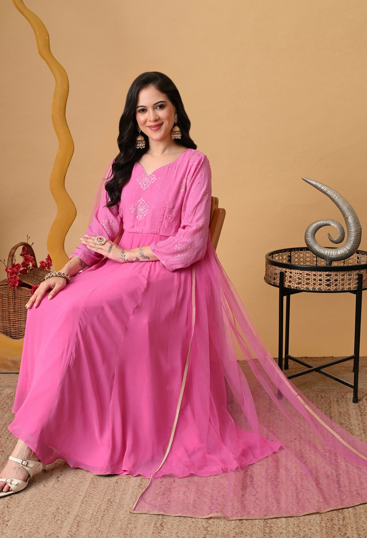 Vaclav Baby Pink Anarkali Kurta Set for Women | Burfi Silk & Georgette | Festive & Party Wear | Sizes XS, S, M, L, XL